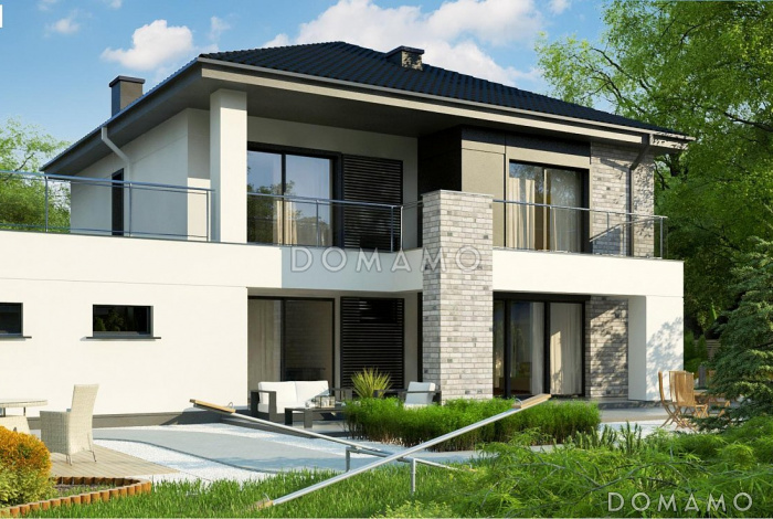 Проект двухэтажного дома из газобетона с гаражом и террасой на втором уровне по периметру дома