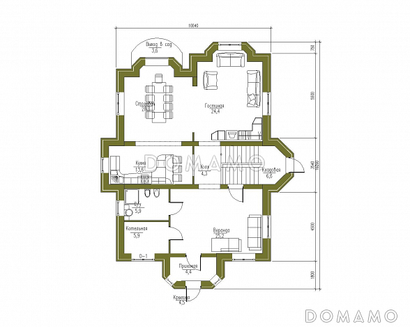 Проект трехэтажного дома с башней, верандой и функциональными чердачными помещениями / План 1 этажа