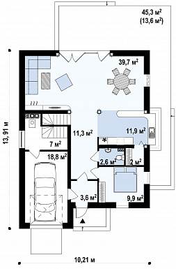 Проект мансардного дома из газобетона с пятью спальнями, гаражом и балконом / План 1 этажа
