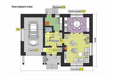 Проект загородного дома из панелей SIP с тремя спальнями на мансардном этаже, круглым окном, гаражом на одну машину / План 1 этажа
