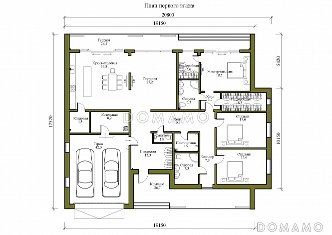Проект просторного одноэтажного дома в стиле хай-тек с гаражом / План 1 этажа
