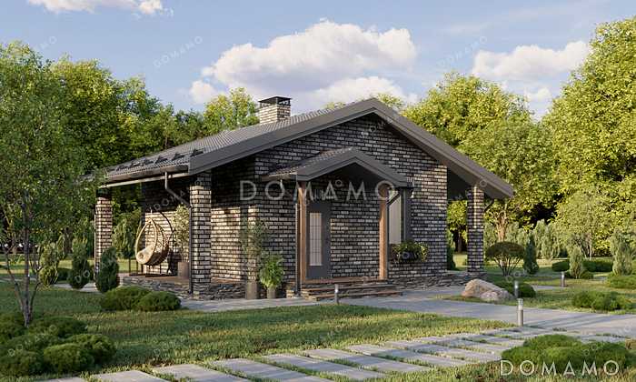 Проект компактной одноэтажной бани в классическом стиле с большой террасой, витражным остеклением и просторной комнатой отдыха