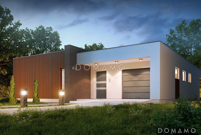 Проект современного одноэтажного дома из газобетона с плоской крышей с тремя спальнями и гаражом 