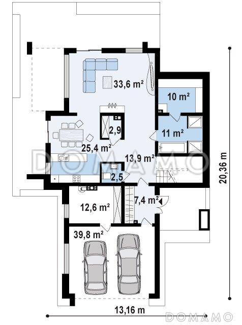 Проект просторного двухэтажного дома из кирпича с четырьмя спальнями,  гаражом и сауной / План 1 этажа