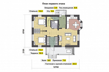 Проект дома с двумя спальнями на первом этаже, эркером, крытой террасой / План 1 этажа