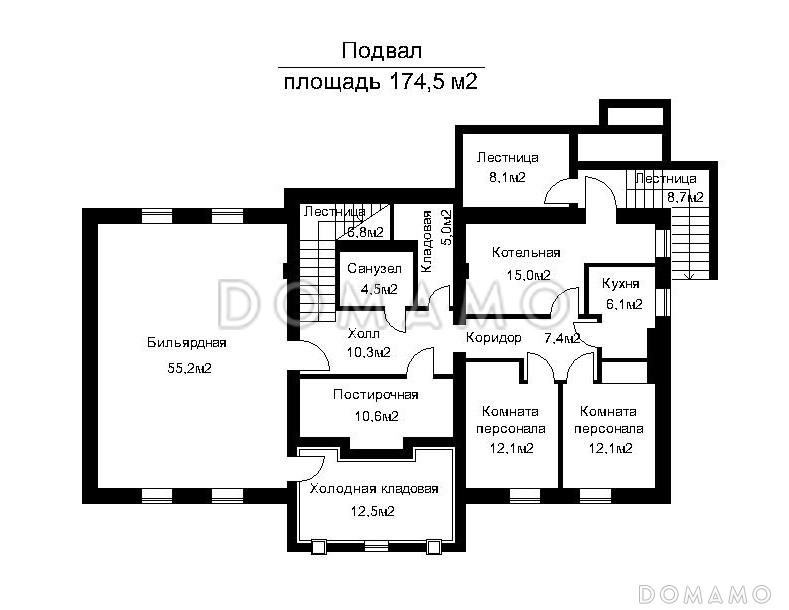 Проект загородного дома с большой бильярдной / План цокольного этажа