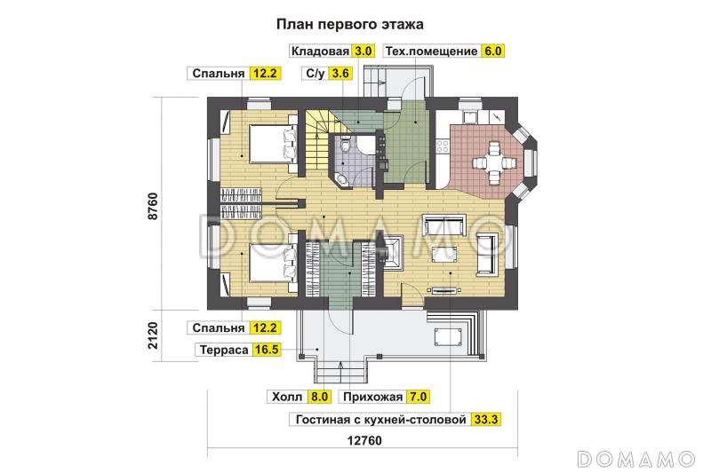 Проект дома с двумя спальнями на первом этаже, эркером, крытой террасой / План 1 этажа