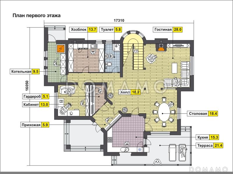 Дом с полукруглым эркером, смежным холлом, гостиной и столовой,  мансардным помещением / План 1 этажа