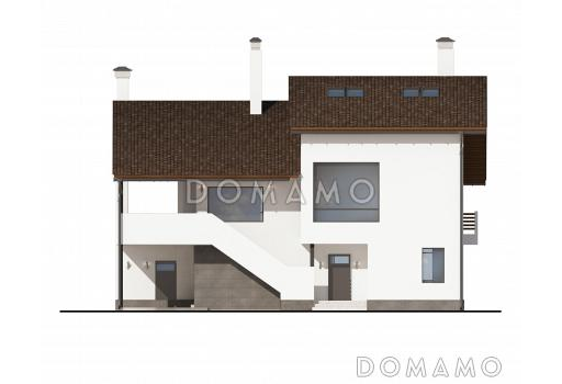 Проект дома с автостоянкой, барбекю на террасе, вторым светом, сауной, лоджией и небольшим балконом / Фасад 1