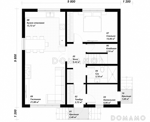 Проект двухэтажного дома в европейском стиле по каркасной технологии со вторым светом  / План 1 этажа