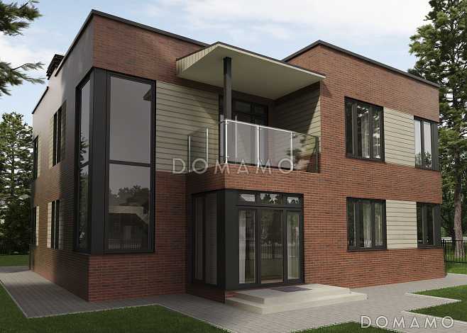 Проект двухэтажного кирпичного дома с двумя балконами на втором этаже