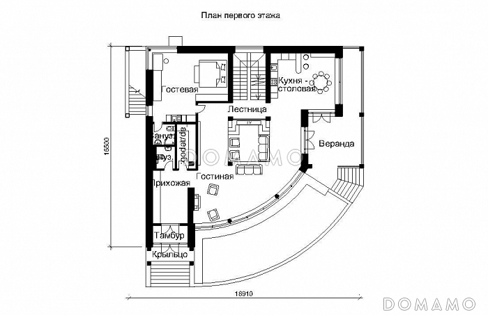 Проект трехэтажного дома с панорамными стеклами / План 1 этажа