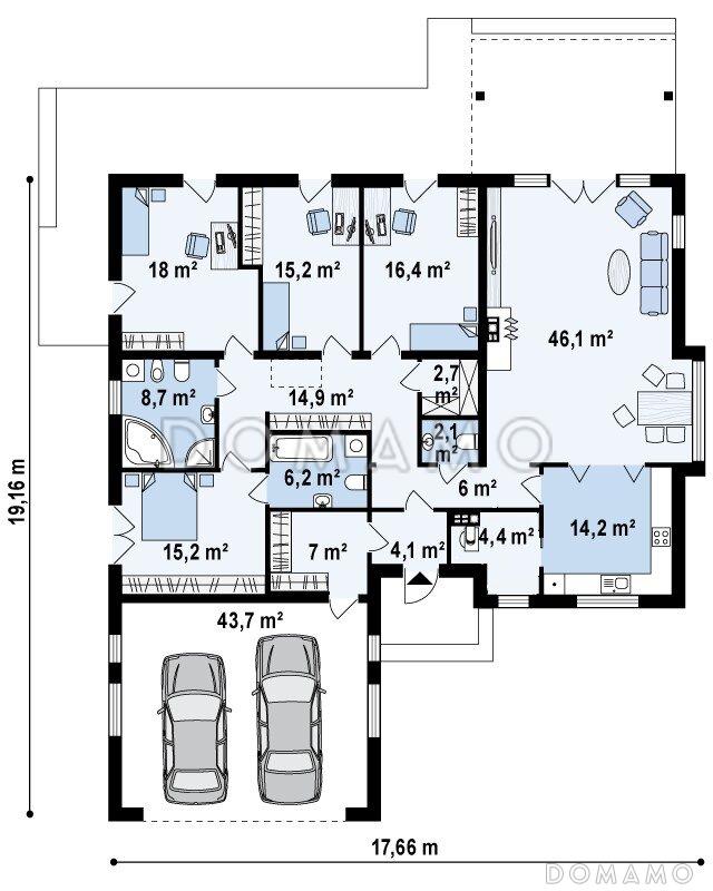 Проект просторного одноэтажного дома из кирпича с четырьмя спальнями и гаражом на два автомобиля / План 1 этажа