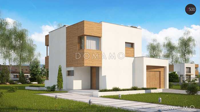 Проект двухэтажного дома из газобетона в стиле кубизм со спальной зоной на втором этаже и с гаражом