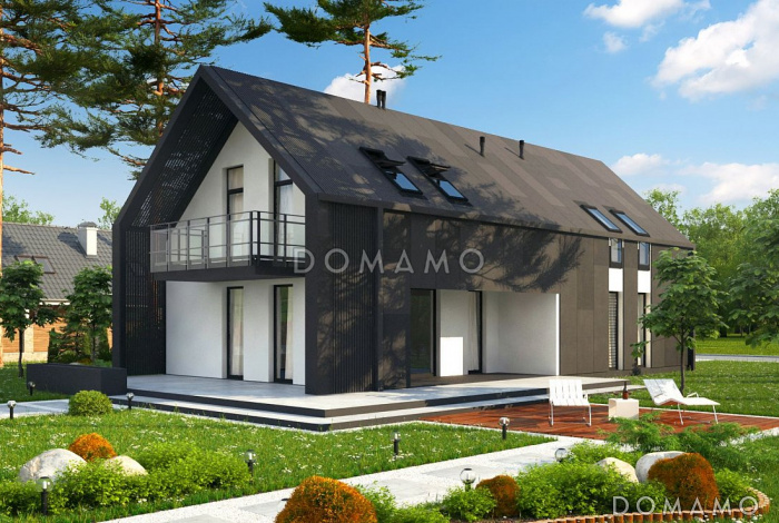 Проект аккуратного современного мансардного дома из кирпича с гаражом и террасой над входом