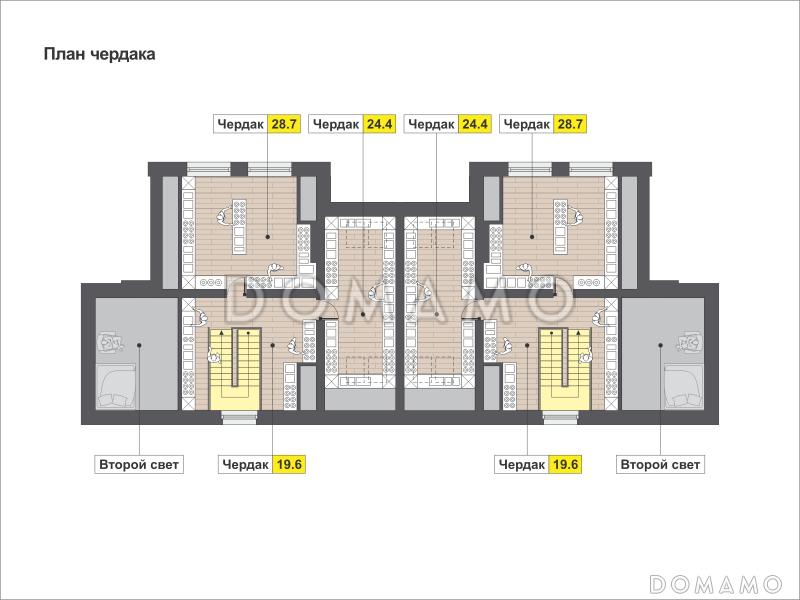 Загородный дом для большой семьи с функциональной планировкой, гаражом, барбекю на террасе / План мансардного этажа