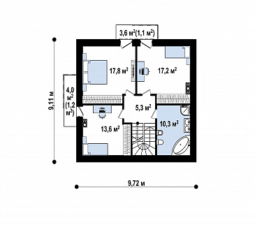 Проект современного загородного дома с террасой, кухней с кладовой, тремя спальнями с балконами на мансарде / План мансардного этажа