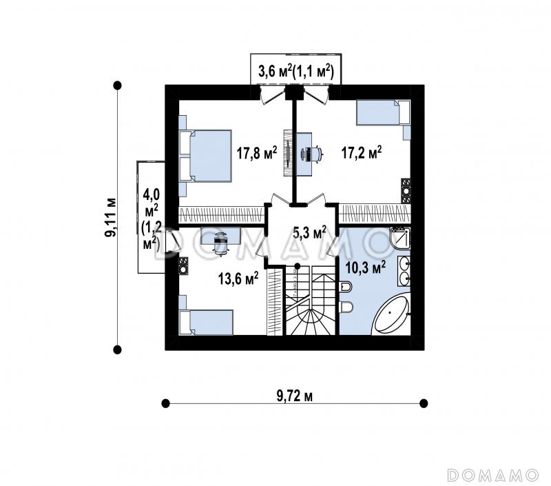 Проект современного загородного дома с террасой, кухней с кладовой, тремя спальнями с балконами на мансарде / План мансардного этажа