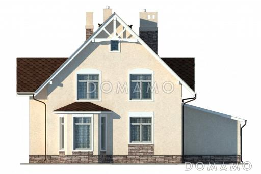 Проект бежевого оштукатуренного коттеджа с гаражом и эркером в гостиной / Фасад 2