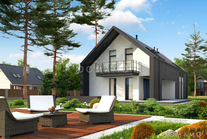 Проект аккуратного современного мансардного дома из кирпича с гаражом и террасой над входом