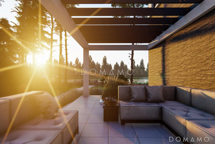 Проект двухэтажного дома с плоской крышей и второй террасой над гаражом