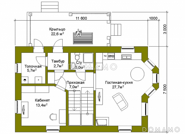Проект компактного коттеджа с штукатуркой. / План 1 этажа
