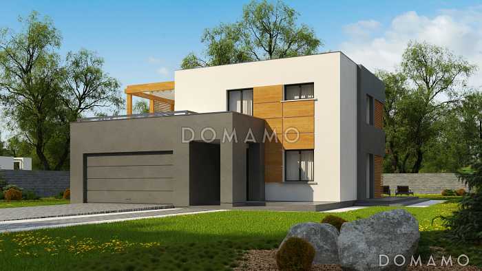 Проект двухэтажного дома с гаражом на две машины, террасами, хозяйской спальней, кухней и гостиной без перегородки