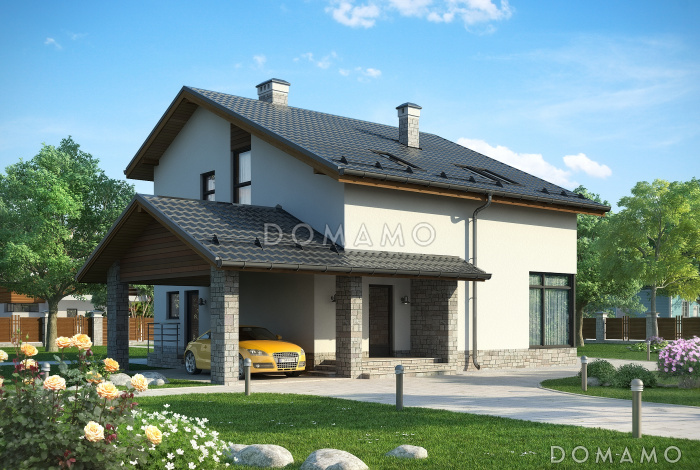 Проект дома с гаражом на одну машину, большой террасой, кабинетом