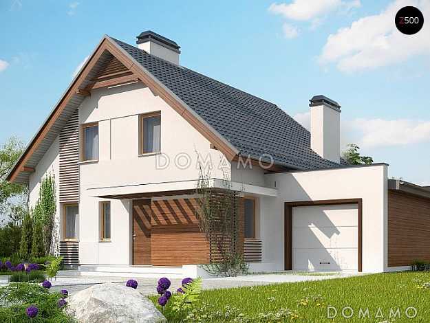 Проект одноэтажного дома из кирпича с мансардным этажом с прямоугольным эркером, балконом и пристроенным гаражом