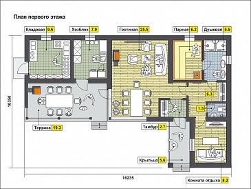 Проект одноэтажного дома с крытой террасой с барбекю, кладовой, хозблоком, гостиной с камином, парной и комнатой отдыха / План 1 этажа