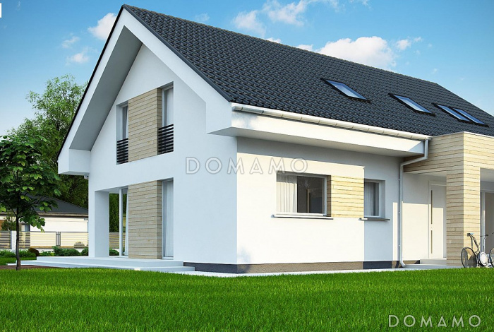 Проект мансардного дома из кирпича со встроенным гаражом, кабинетом и балконом