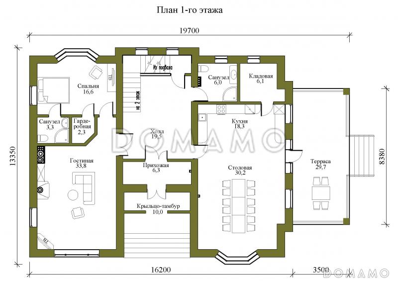 Проект двухэтажного дома в стиле фахверк с подвалом и лаундж-зоной / План 1 этажа
