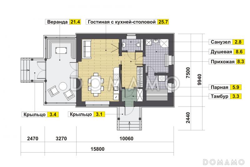 Проект бани с верандой, гостиной с кухней-столовой, парной и душевой / План 1 этажа