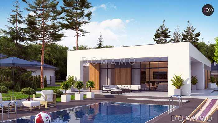 Проект современного одноэтажного дома из газобетона с плоской крышей, с четырьмя комнатами и одноместным гаражом 