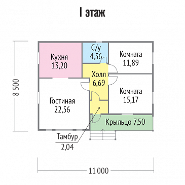 Проект бюджетного каркасного дома с небольшой крытой террасой / План 1 этажа