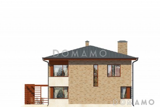 Проект двухэтажного квадратного дома с отрытой террасой, спальней на первом этаже, большой ванной / Фасад 3