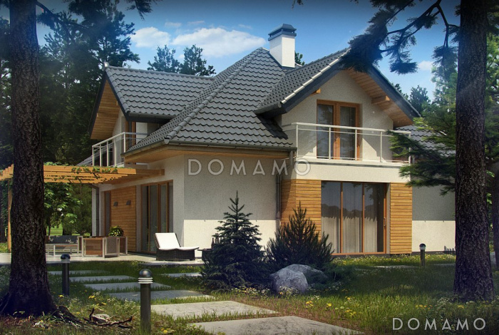 Проект дома с гаражом, террасой, просторной гостиной, балконами в трех комнатах на мансарде