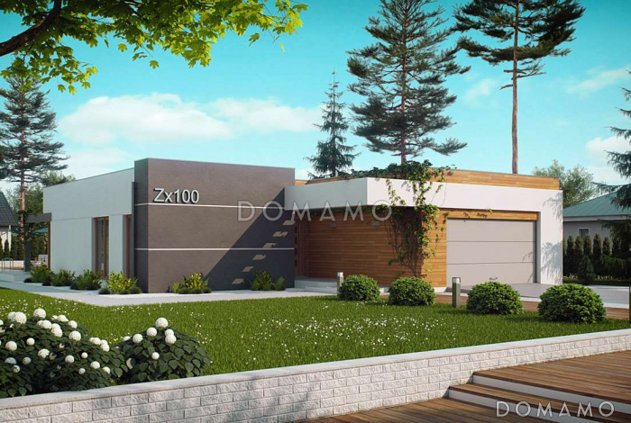 Проект просторного современного одноэтажного дома из кирпича с гаражом и тремя спальнями