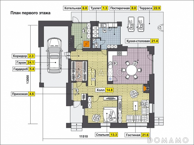 Проект дома с гаражом на одну машину, со спортзалом и душевой на втором этаже, большой мансардой / План 1 этажа