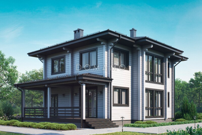 Проект двухэтажного дома с террасой, кладовой, двумя детскими спальнями