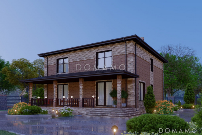 Проект двухэтажного дома с 4 спальнями, большой гостиной и подсветкой на террасе