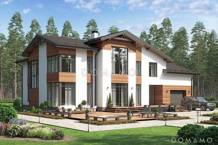 Проект дома с гаражом, двумя открытыми террасами, кабинетами, игровой на втором этаже, кладовыми