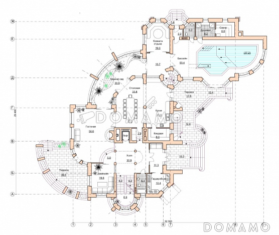 Проект коттеджа с бассейном и зимним садом в стиле северного модерна / План 1 этажа