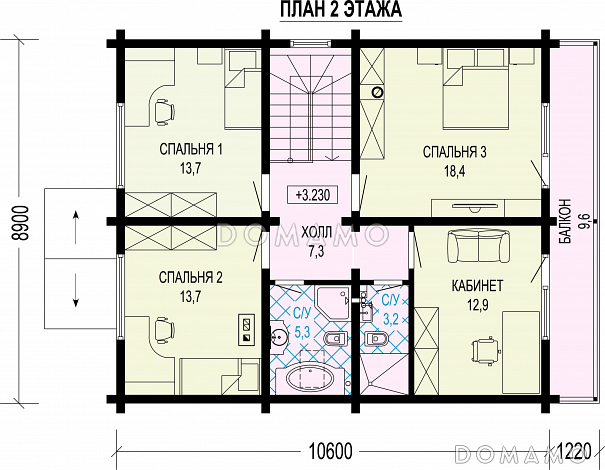 Проект двухэтажного дома из газобетона и бруса с балконом на две комнаты и террасой / План 2 этажа