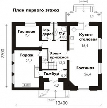 Проект дома из пеноблоков с гостевой комнатой на первом этаже и гаражом для одного автомобиля / План 1 этажа