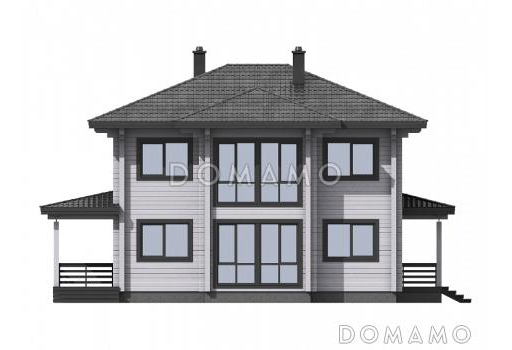 Проект двухэтажного дома с террасой, кладовой, двумя детскими спальнями / Фасад 1