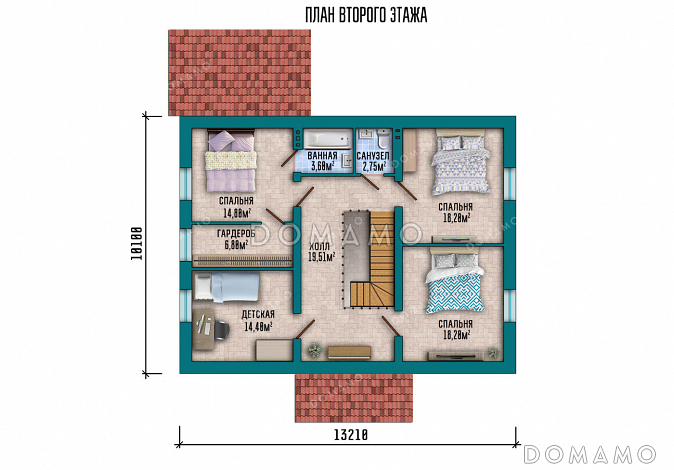 Проект дома с 4 спальнями на мансарде, гаражом и навесом для автомобиля / План мансардного этажа