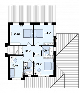 Проект современного двухэтажного дома из кирпича с пятью комнатами, гаражом и крытой террасой / План 2 этажа