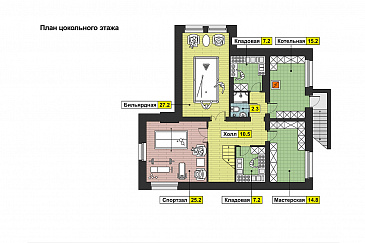 Загородный дом с бильярдной и спортзалом в цокольном этаже, барбекю на террасе, просторной кухней, лоджией и балконами / План цокольного этажа