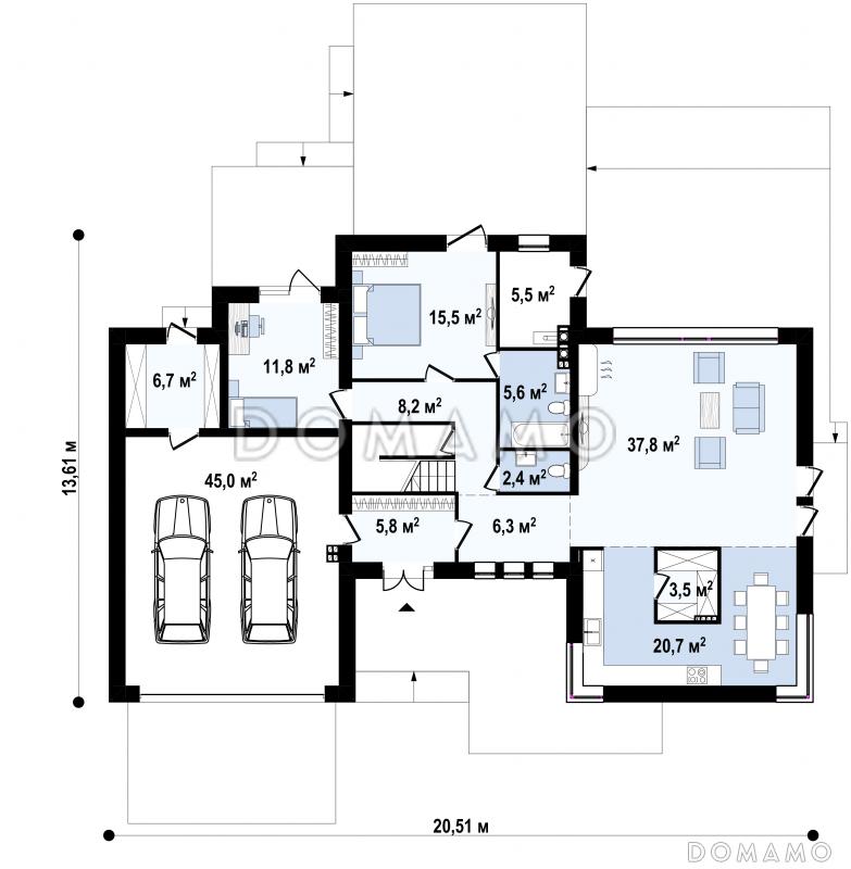 Проект двухэтажного дома с подвалом, гаражом, кладовой в центре кухонной зоны / План 1 этажа